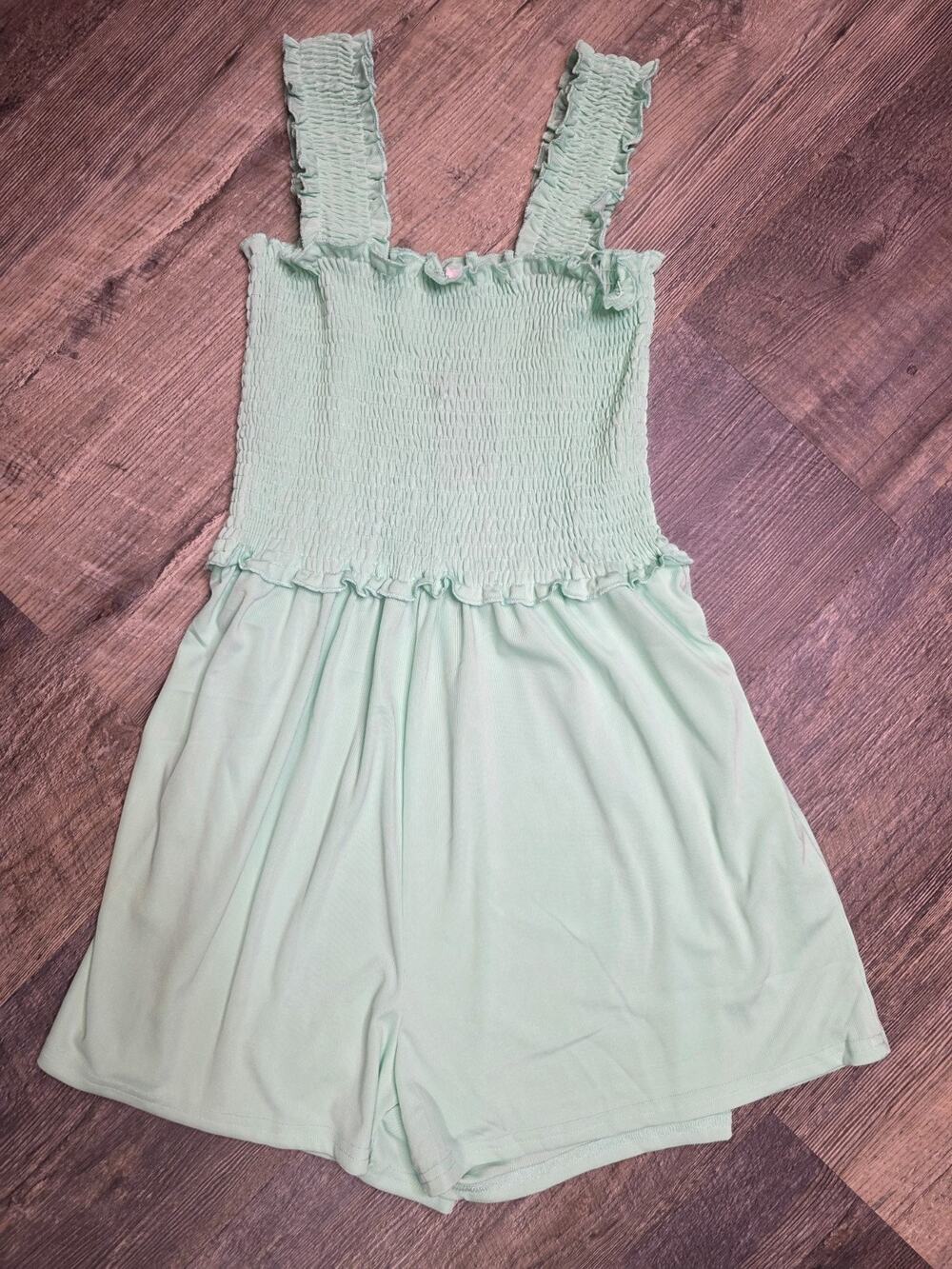 Deepself Smocked Ruffle Strap Square Neck Sleeveless Romper Green Size S